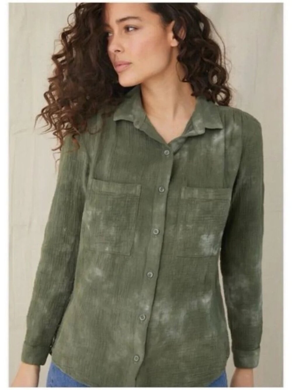 Cloth & Stone Olive Green Tie Dye Button Front Blouse Small